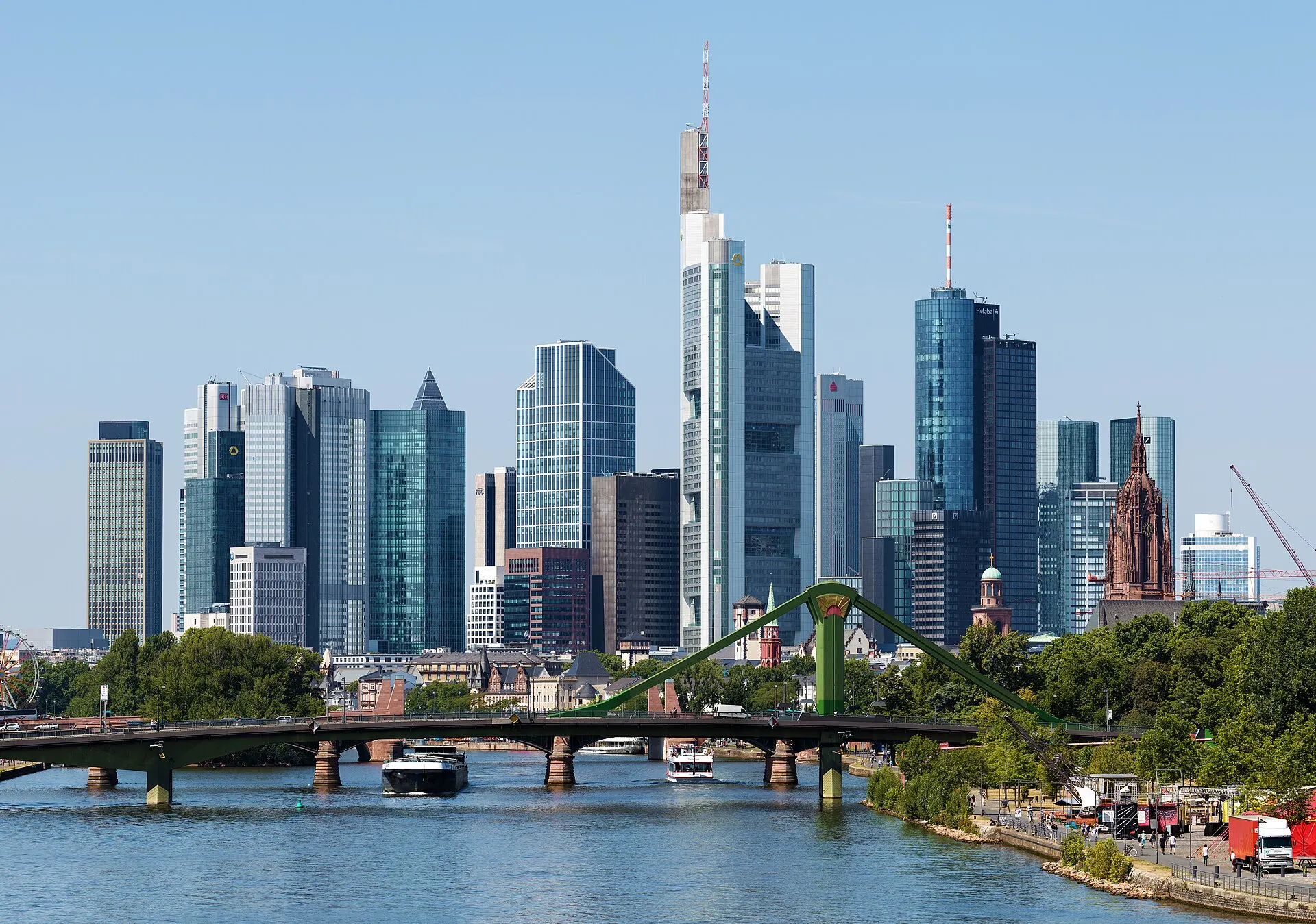 Frankfurter Bankenviertel mit Main und Brücken